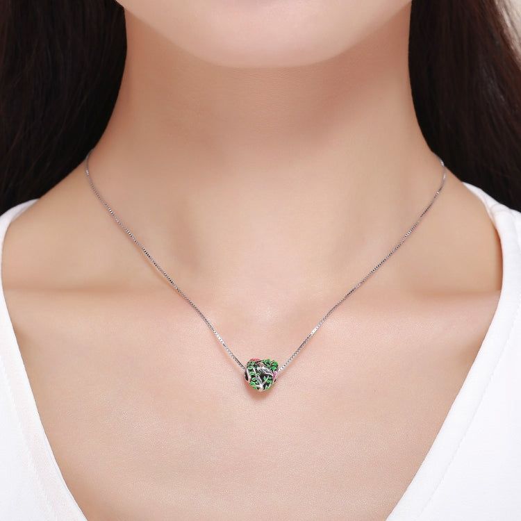 Silver necklace chain with heart charm bead featuring bird, green leaves, and pink flower