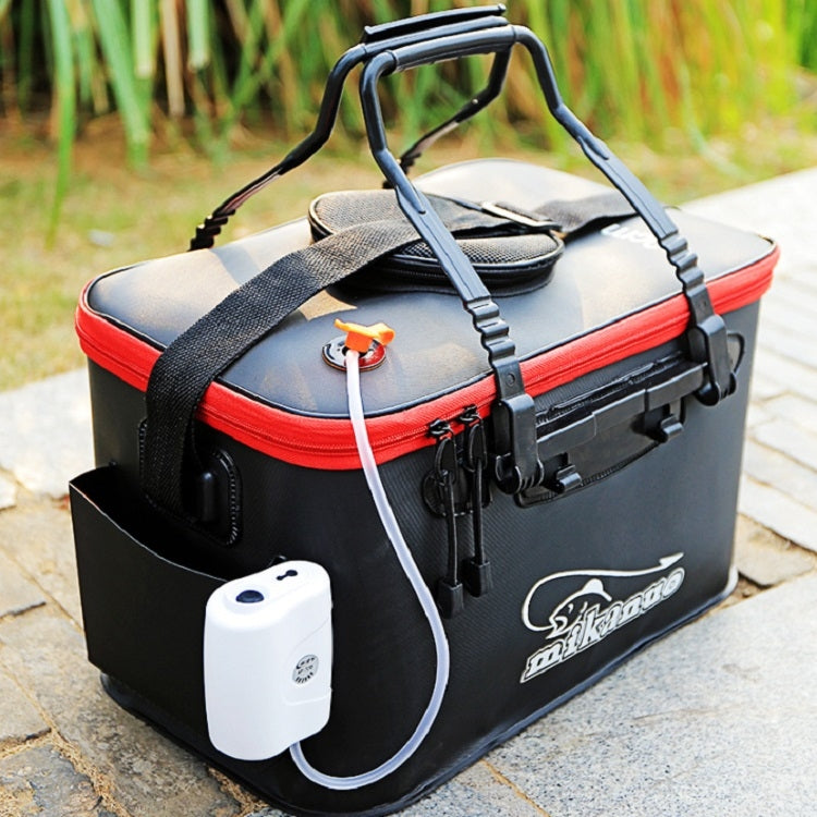 Black and red live fish box with shoulder strap, side bottle holder and mikanuno logo