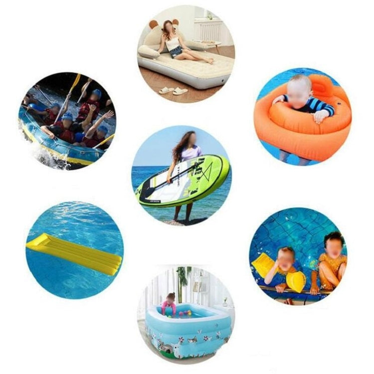 Collage of inflatable water uses: paddle board, pool toys, and baby float