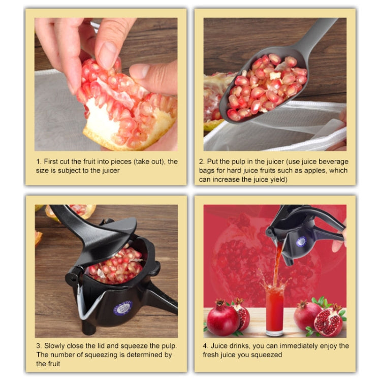 Steps for using a manual citrus juicer: lemons in, squeezing, then pouring into a glass