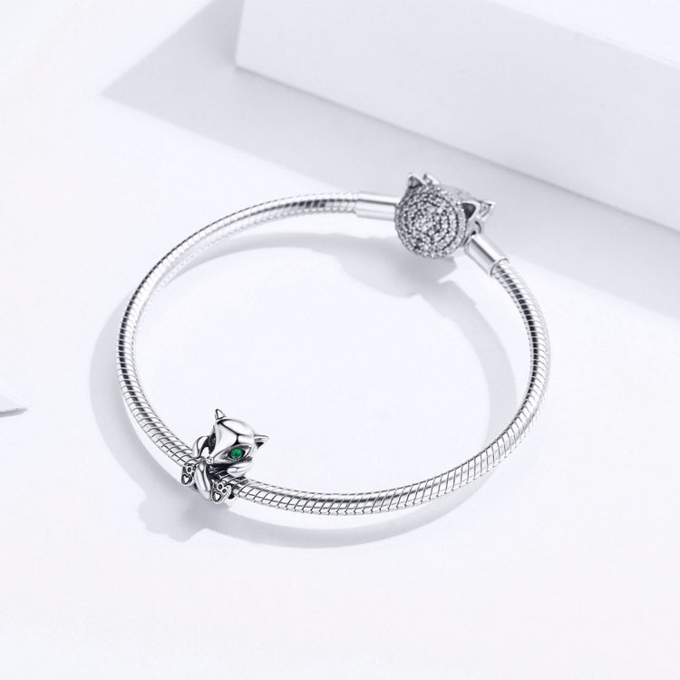 Sterling silver charm bracelet with snake chain, little fox bead, and heart charm