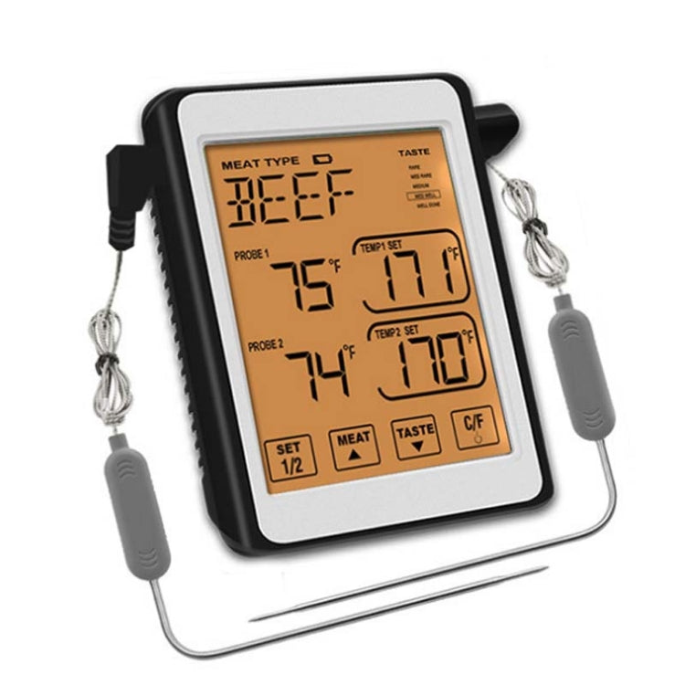 Dual probe smart grill thermometer with color backlit LCD screen and two metal probes