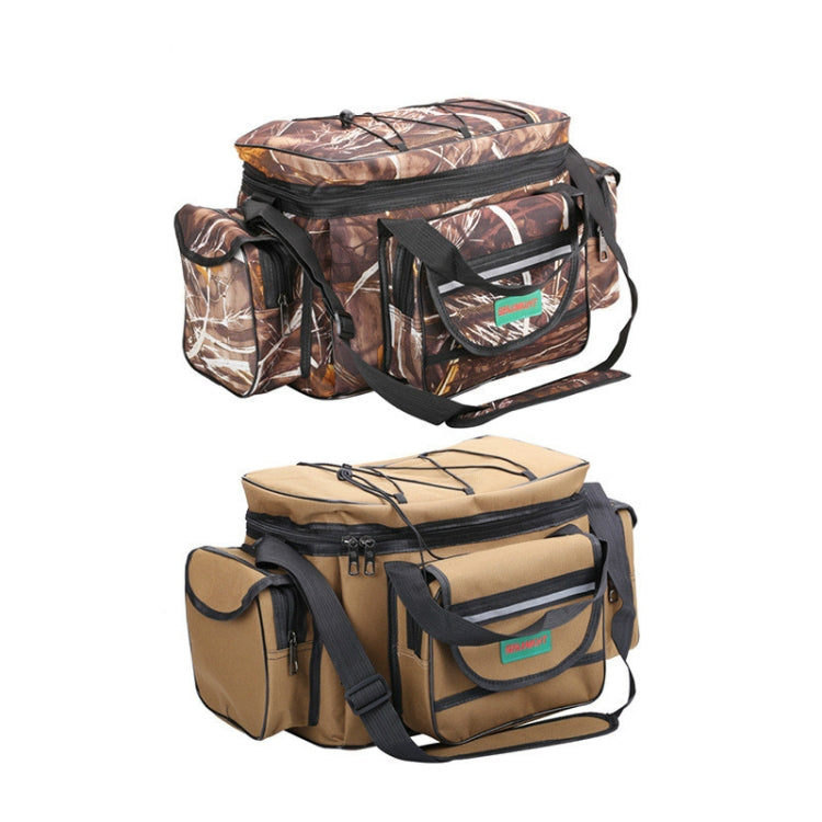 Multifunctional fishing lure bag set: camo and tan versions with shoulder straps.