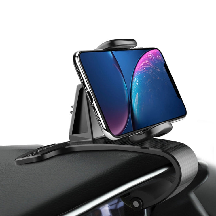 Car phone holder with cradle securing a smartphone on a black carbon-texture base