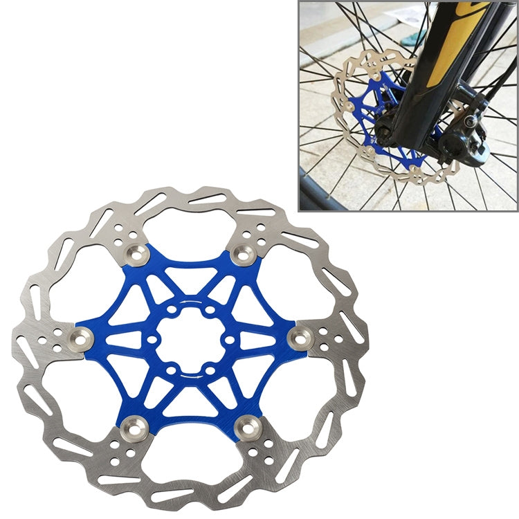 Six-bolt floating disc brake rotor, blue aluminum with silver mounting holes