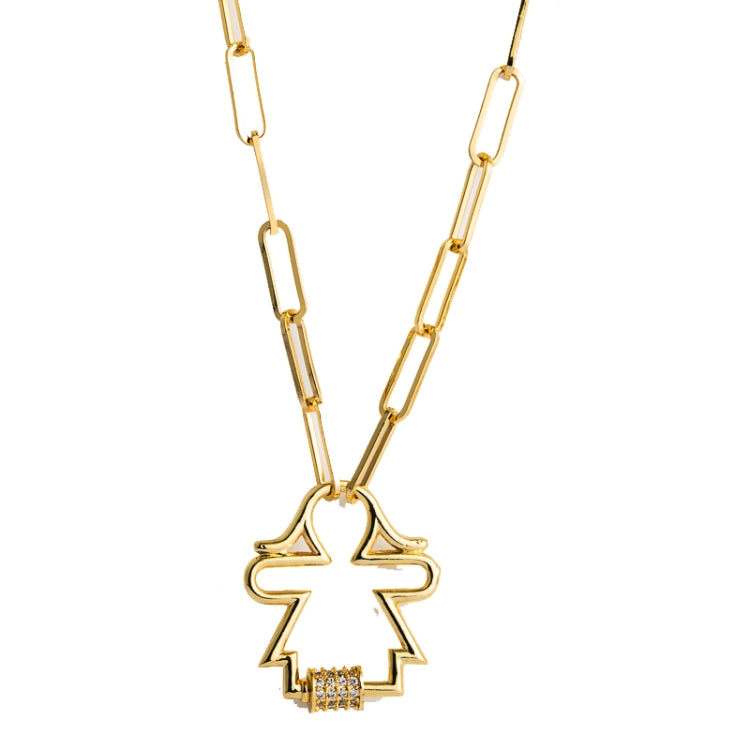 Gold-tone cross pendant necklace with outlined cross and zircon-stone bottom bar, chain