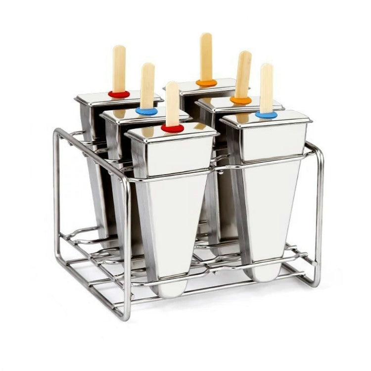 Stainless steel popsicle mold rack with six double-groove cups and wooden sticks