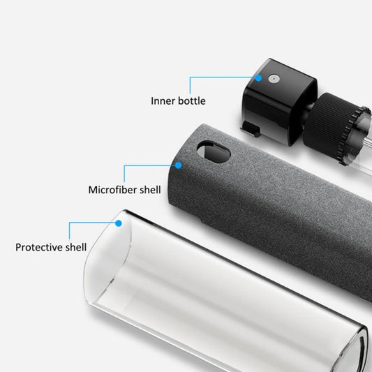 Screen cleaner spray bottle parts: inner bottle, microfiber shell, protective shell