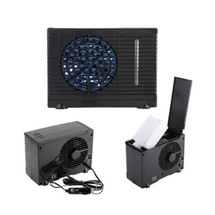 24V car cooling fan unit shown from front and side, black body with blue fan grille