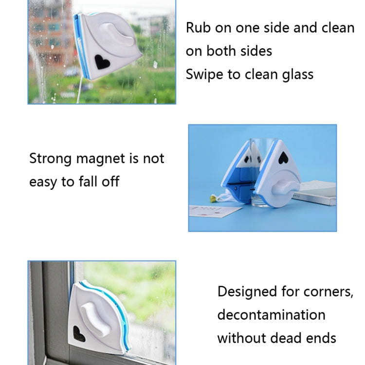Magnetic triangle glass cleaner with white pad and blue edge, shown on a window surface