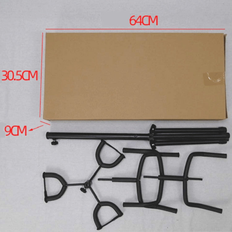 Three-head guitar stand components laid out with measuring guide