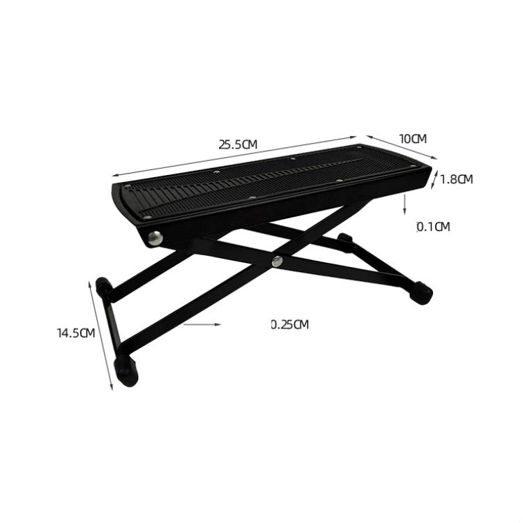 Guitar footrest size diagram with black metal frame and textured top