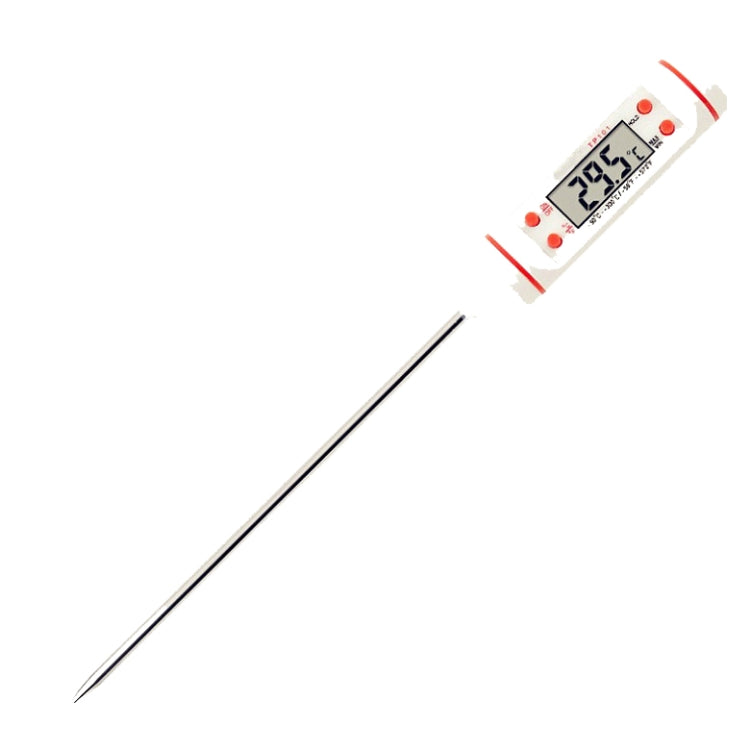 Electronic digital thermometer probe with LCD screen and long metal tip, black/orange handle.