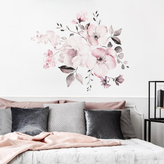 Watercolor flower wall sticker set with pink and white blooms and green-gray leaves