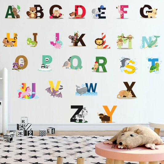 Alphabet animal wall stickers set with colorful uppercase letters A–Z on white wall