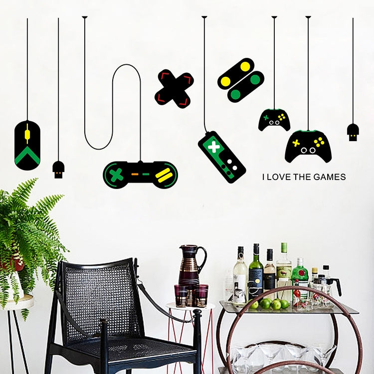 Gaming wall sticker set with gamepad icons and hanging bulb lines above bar area