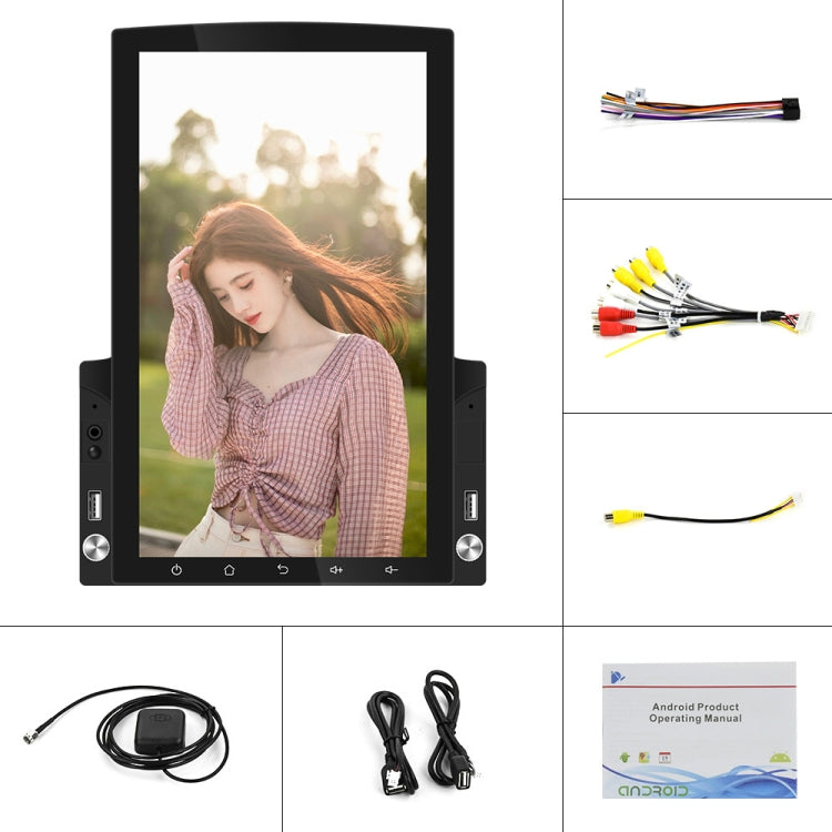 Car MP5 player kit with screen display, wiring harness, and multiple AV connectors