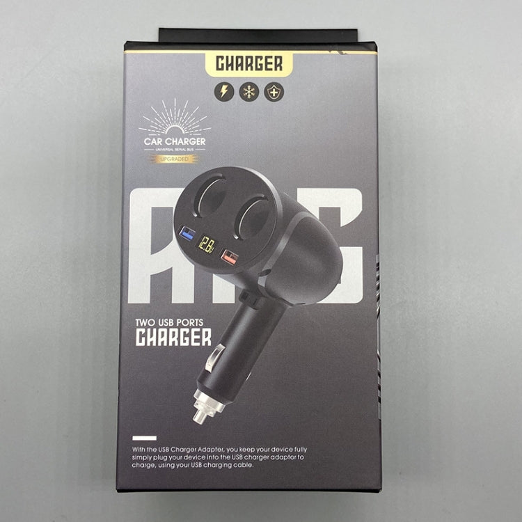 Black dual-USB car cigarette lighter charger shown in retail packaging