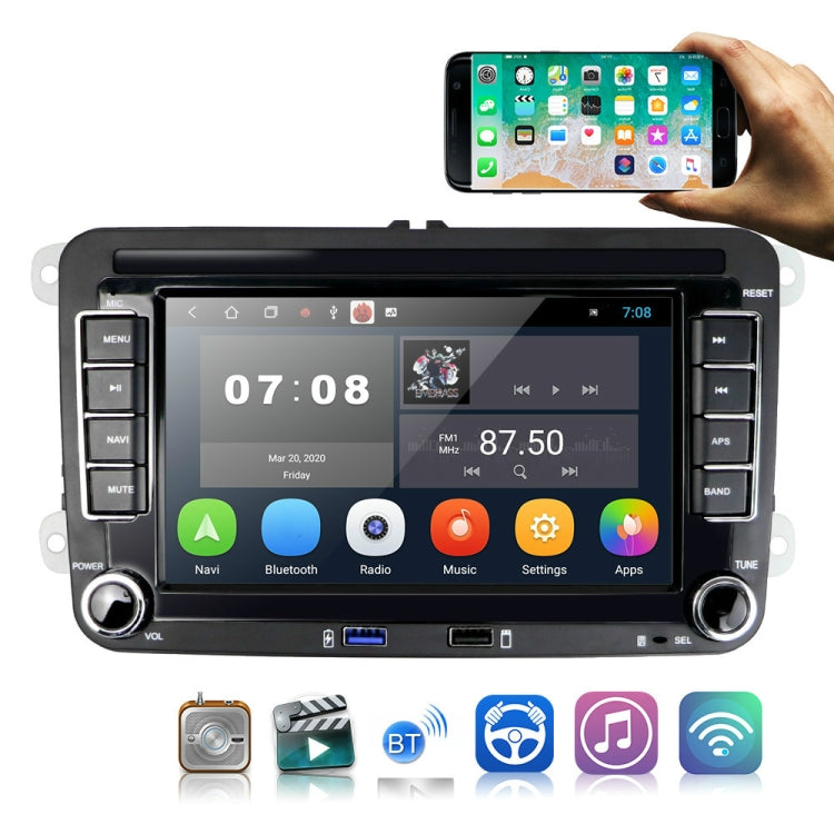 7-inch car multimedia player with app icons row (BT, music, Wi-Fi) and touchscreen menu