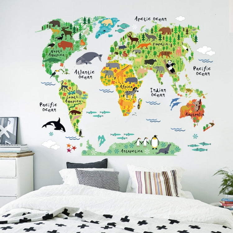 Colorful world map animal wall decal with labeled oceans, waves, and featured wildlife icons