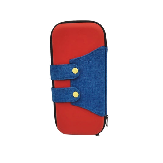 Red zippered hard case with blue fabric overlay and yellow snap fasteners