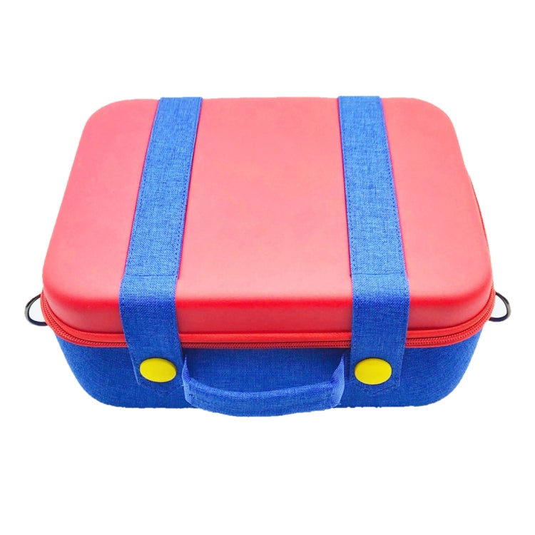 Red and blue hard shell storage case with top handle and yellow snap buttons
