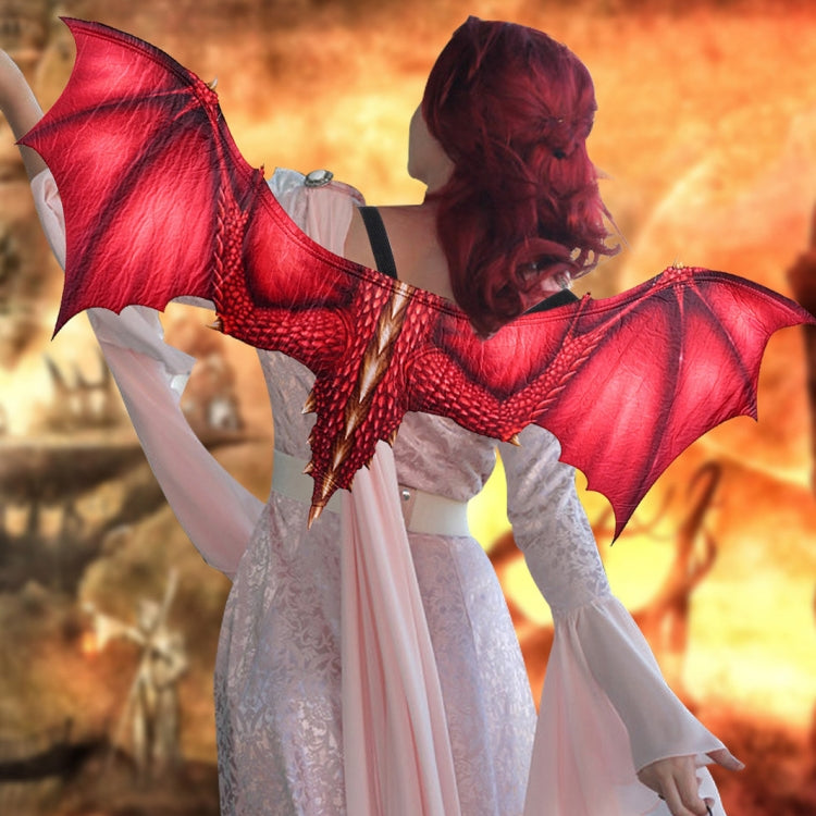 Red dragon wings cosplay prop on person, bat-like wings with scaly center panel