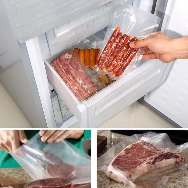 Vacuum-seal food bags shown in freezer, sealing step, and bagged meat
