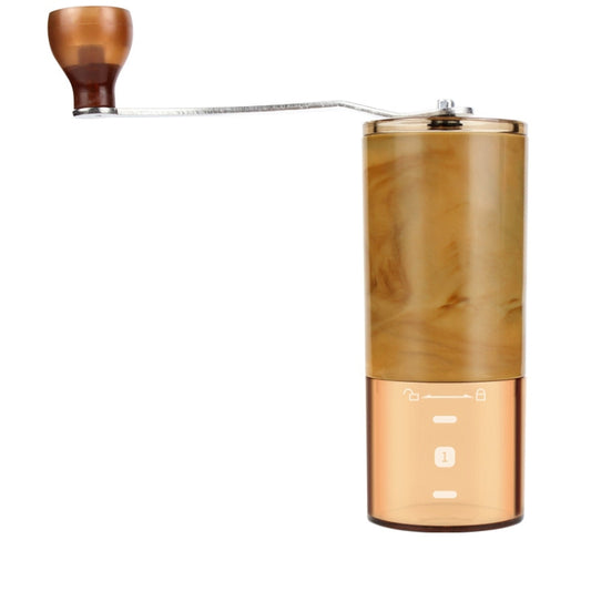 Portable hand-cranked coffee grinder with amber body and wooden crank handle