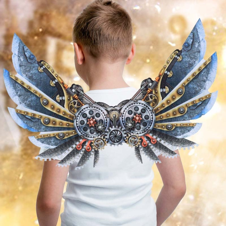 Child mechanical punk wings costume with blue feather wings and steampunk gear centerpiece
