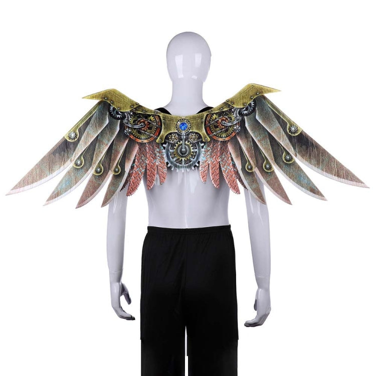 Steampunk wing shoulder costume on mannequin with black pants and blue center gear emblem