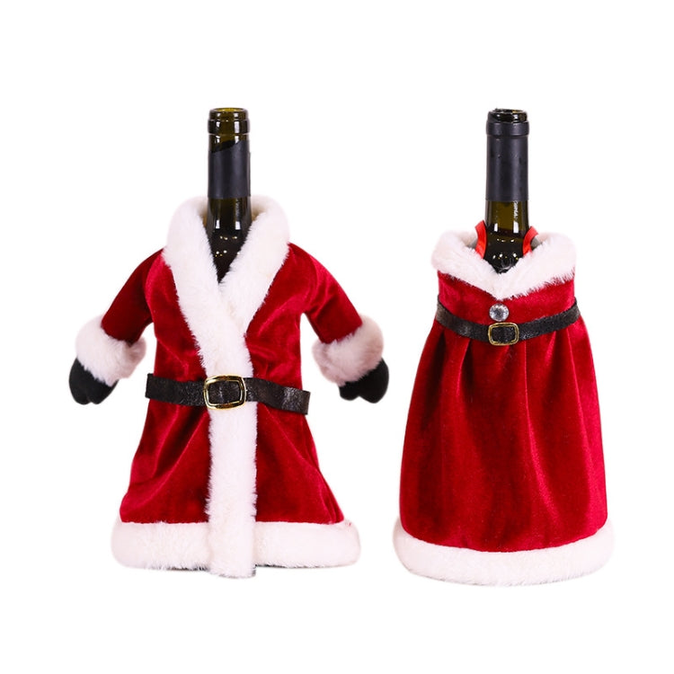 Red velvet wine bottle covers set: coat-style dress and skirt with white trim and belt.