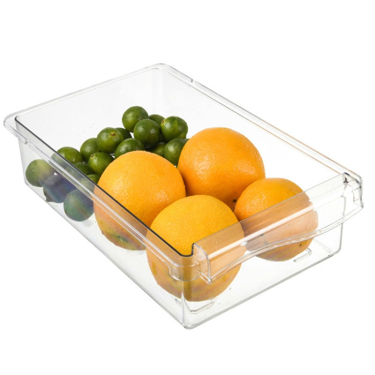 Clear square produce storage container with oranges and green grapes