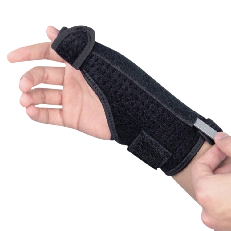 Black thumb wrist brace with perforated fabric and metal bar on hand