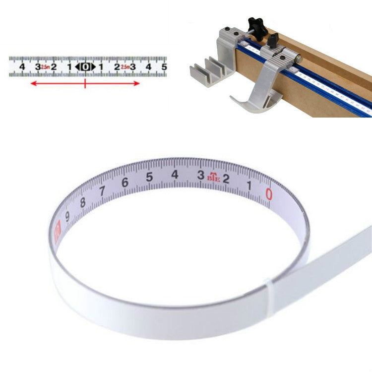Self-adhesive steel measuring tape with circular loop, printed centimeter scale with red/black measurement marks