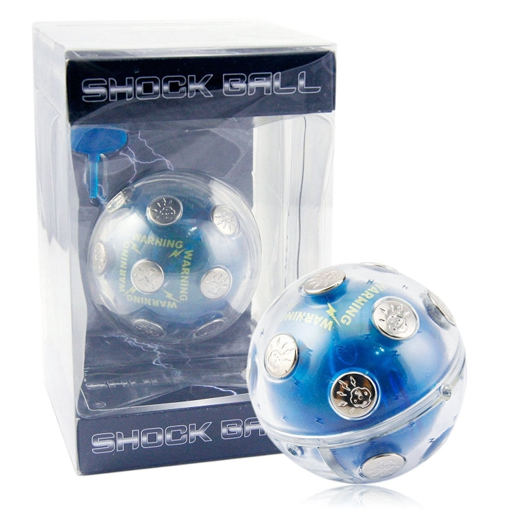 Packaged blue clear shock ball toy with warning text and raised button caps