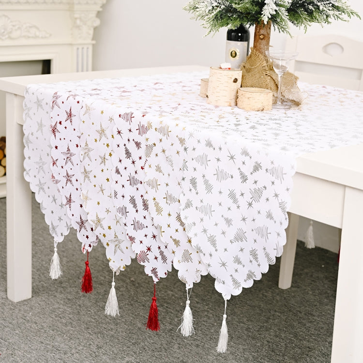 Christmas tablecloth, white with multicolor star pattern and mixed red/white tassel fringe