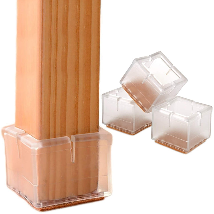 Clear PVC square chair leg caps with brown felt pads on a light wood chair leg