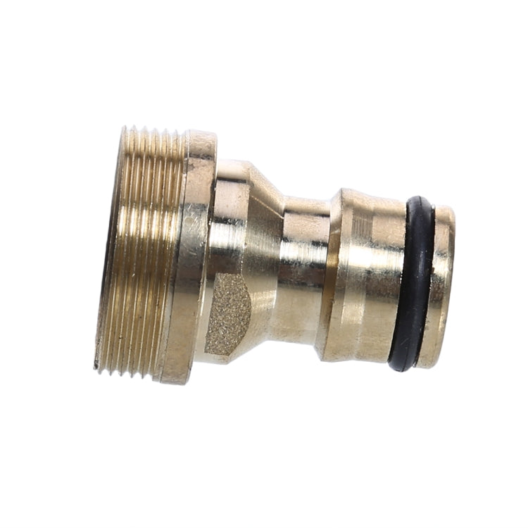 Brass faucet adapter with male threads, metal barbs, and black rubber sealing ring