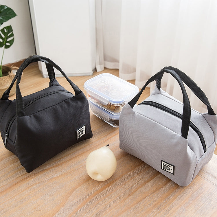 Pair of thermal lunch bag totes, black and light gray, with front zipper closure