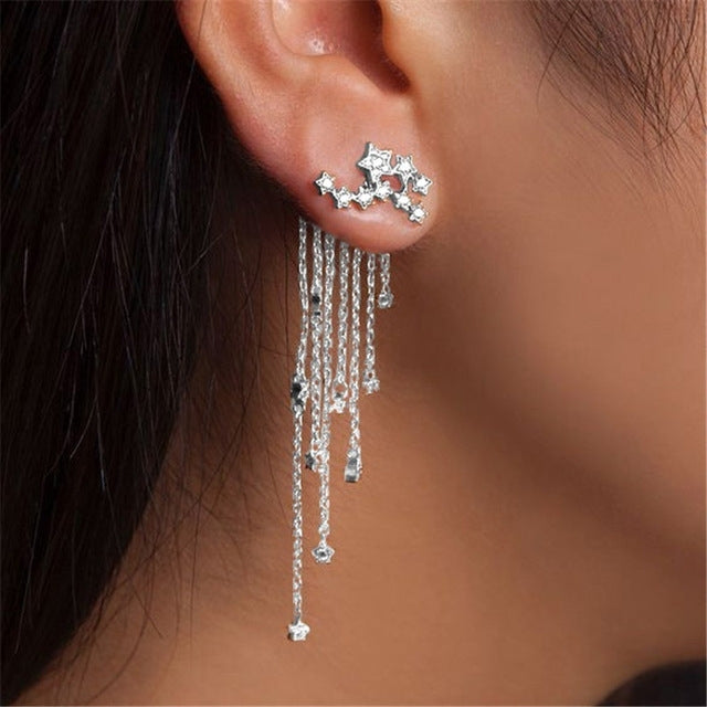 Silver star cluster stud long tassel drop earrings with fine dangling chains
