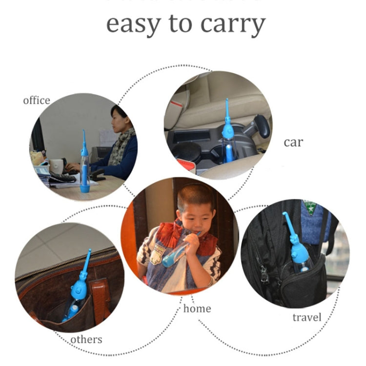 Blue water flosser used at home, office, car, and while traveling