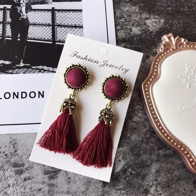 Vintage velvet ball tassel drop earrings with burgundy round studs and red fringe