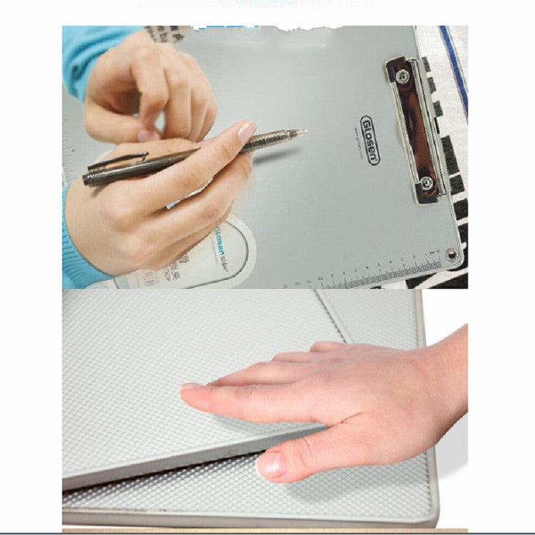 Aluminum clipboard writing pad folder in use with pages inserted and held by hand