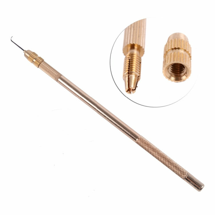 Crochet hook tool with gold threaded head and inset view of latch and opening