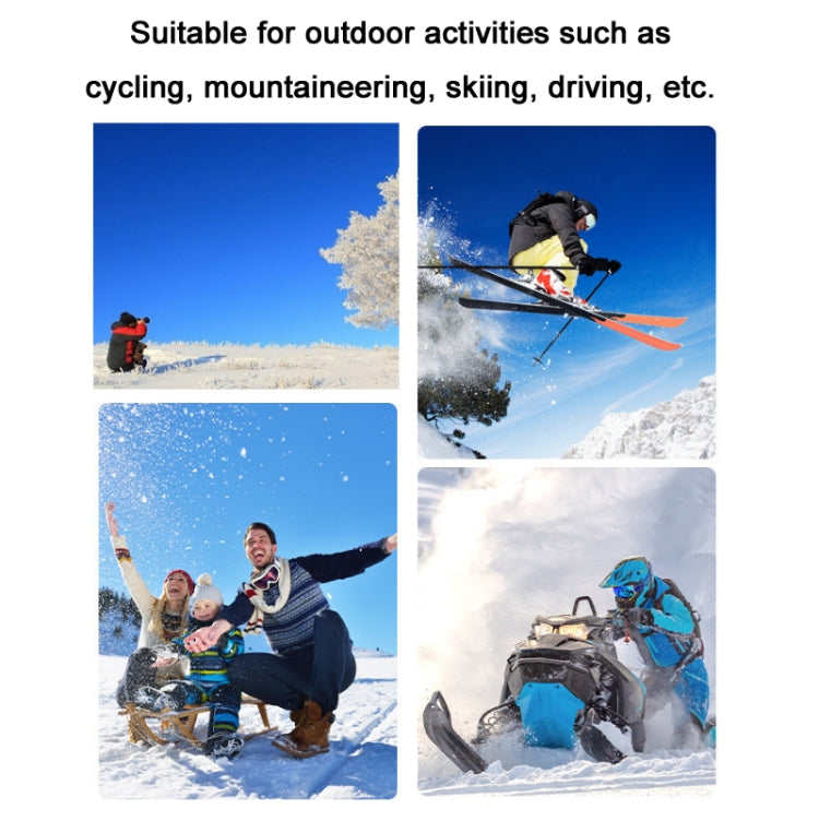 Half-finger flip gloves shown worn outdoors on hands during winter activities