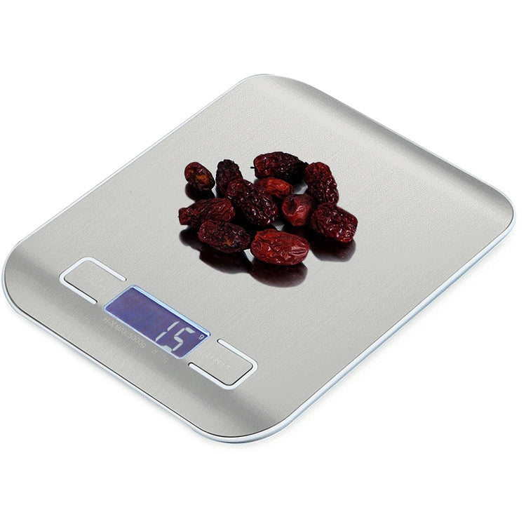 Silver digital kitchen food scale with blue LCD screen and control buttons
