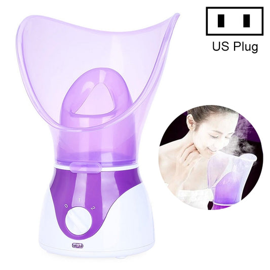 Purple facial steam device with clear hood and dial control on white base, US plug.