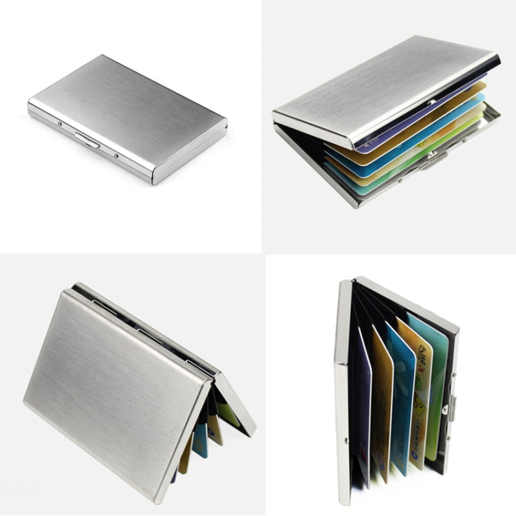 Brushed silver metal card holder set with hinged slot, shows cards inside