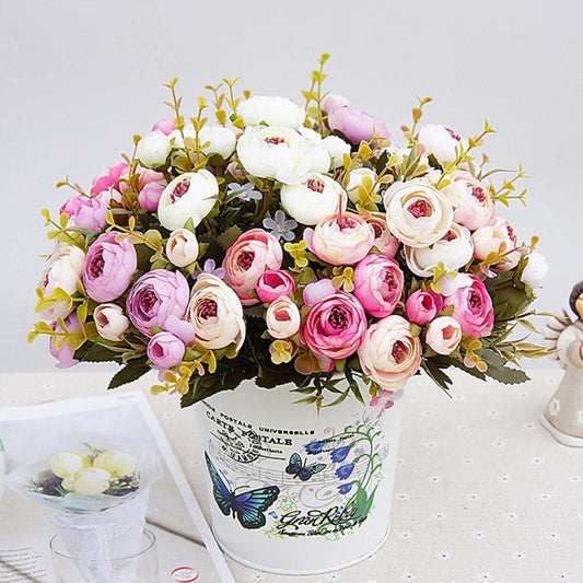 1 Bundle Retro Tea Roses Bride Bouquet Artificial Flowers, White, Light Pink, Red, Yellow, Gray Blue, Dark Pink, Light Purple